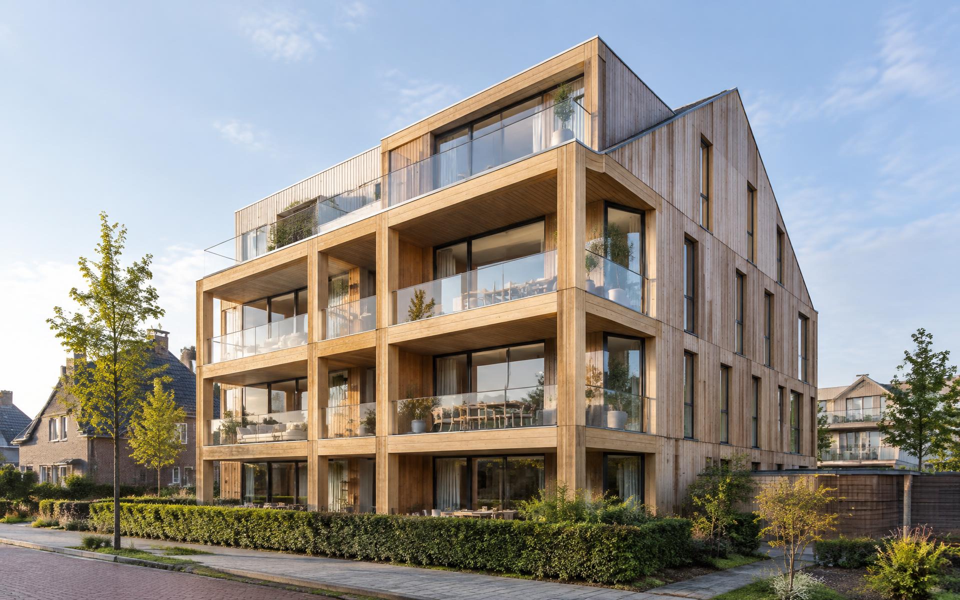 Modern houten appartementengebouw bij ochtendlicht